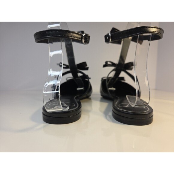 Garavani Valentino EU 37.5 Black Leather Flat Sandals French Bows & Ankle Strap - Picture 10 of 16